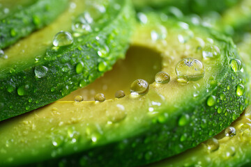 Fresh avocado slices with water droplets on green skin closeup