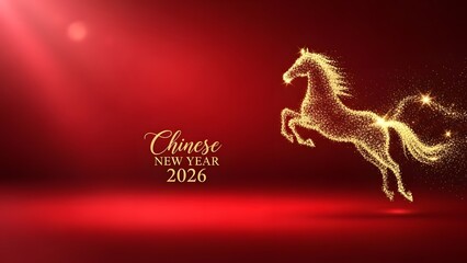 Golden horse celebrating Chinese New Year 2026 with red background