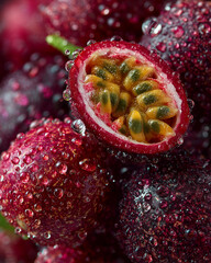 Passion fruit with water drops on a vibrant purple background