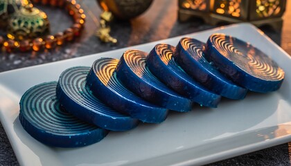 Close-up of layered lapis legit slices on a white plate, rich detailed texture with Eid celebratory ornament props in the background, highlighting traditional Indonesian festive dessert.