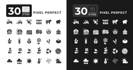 Harvest glyph ui icons set for day and night mode. Crops production. Natural food production, environmental care. Black solid symbols vector iconset. User interface elements collection, pixel perfect