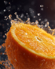Vibrant orange slice splashing in water with dynamic droplets