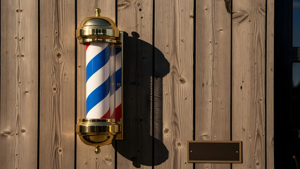 Close-up of a barber pole with blue, white, and red stripes, mounted on a wooden wall. The pole's metallic caps are gold-colored, casting shadows