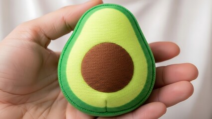 Whimsical textile avocado on hand shows fresh vibrant nature mood