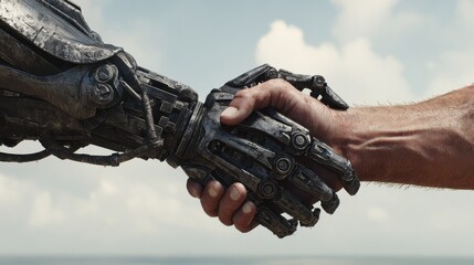 a futuristic robot and a person exchanging a handshake in a sleek modern setting
