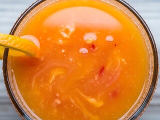 Vibrant Top-Down View of Freshly Squeezed Orange Juice with Zest Garnish
