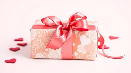 Romantic gift box wrapped in heart-patterned paper with a large pink satin ribbon bow and scattered heart decorations Valentine day