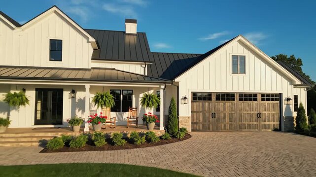Inviting modern farmhouse front porch with rocking chairs, hanging ferns, and bright red geraniums against white siding