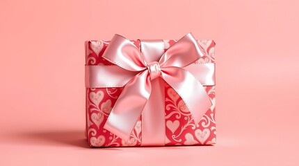 Elegant red and pink heart-patterned gift box with a large shimmering pink satin bow on a matching pink background Valentine day