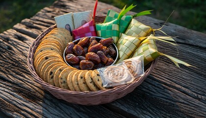 Elegant gift basket filled with cookies, dates, ketupat ornaments, and premium snacks, neatly arranged with soft golden lighting, festive Eid and Ramadan celebration concept.