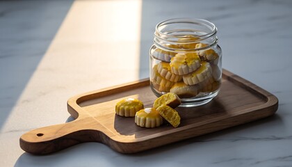 Glass jar filled with pineapple nastar cookies, with several cookies placed on a wooden tray, bright clean background highlighting festive Indonesian treats and bakery presentation.