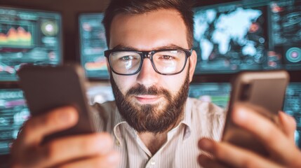 professional man in casual attire multitasking with digital devices in a modern office setting with a futuristic data display on the windows