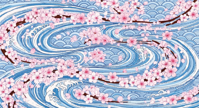 Japanese Style Waves with Pink Cherry Blossoms, Traditional Oriental Floral Pattern Background