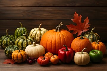 Colorful Autumn Harvest with Pumpkins, Gourds, and Peppers on Rustic Wood