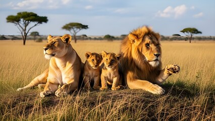 Lion Family with Male Lion, Lioness, and Three Cubs Resting in Golden African Savannah
