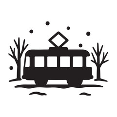 Simple Black and White Winter Tram Icon Illustration with Falling Snow