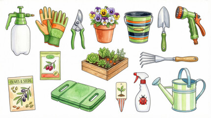 Gardening Tools and Supplies Collection Watercolor Illustration