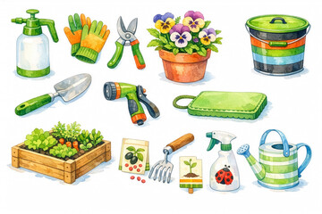 Gardening Tools and Supplies Collection Watercolor Illustration
