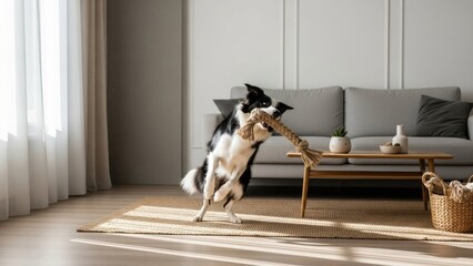 明るいリビングでロープのおもちゃをくわえて遊ぶボーダーコリー