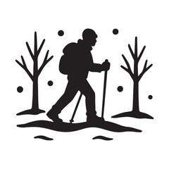 Winter Hiking Adventure Silhouette with Trekking Poles and Falling Snow