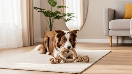 明るいリビングでロープのおもちゃをくわえて遊ぶボーダーコリー