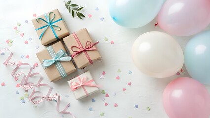 Top view of small brown gift boxes decorated with blue and pink ribbons next to balloons for a celebration or birthday party. AI generated