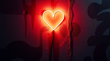 Glowing neon heart light on a dark urban concrete wall with graffiti shadows for a modern romantic nightlife concept Valentine day