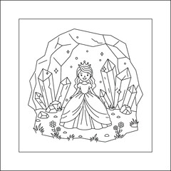 Princess line art vector coloring page for kids and adults. Bold and Easy Princess Coloring Page - Cozy Moment Fairytale Vector

