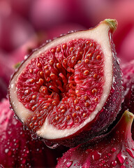 Juicy fig cut in half with water droplets on fresh fruit