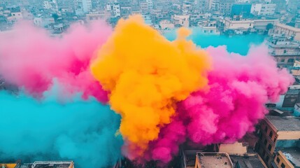 Vibrant clouds of colored smoke fill city streets, creating a striking and festive urban scene.