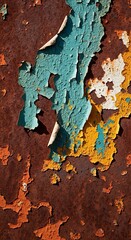 Weathered metal surface displays rich textures of peeling, colorful paint over deep oxidation