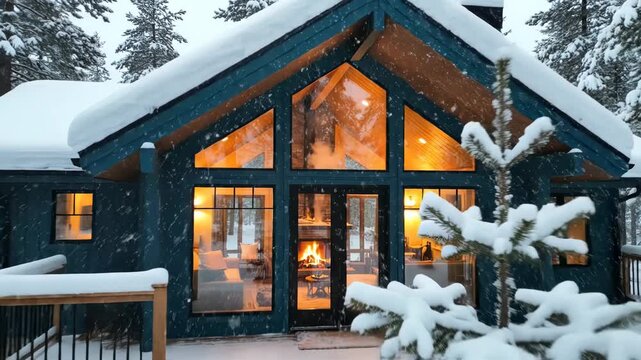 Cozy blue modern cabin nestled in a snowy winter forest with warm light glowing from the large windows and a fireplace inside