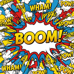 Vibrant comic book style illustration with bold explosion words and colorful action sound effects in a dynamic circular pattern.