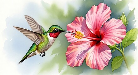 Brilliant watercolor artwork depicts a small avian visitor feeding from a large tropical blossom