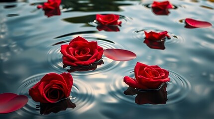 Elegant red roses and scattered petals floating on dark grey water with soft ripple patterns Valentine day