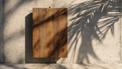 Wooden plank against a concrete wall with palm leaf shadows
