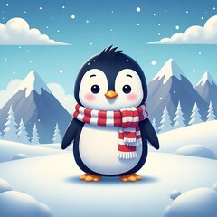 Adorable baby bird wearing a striped muffler stands in a snowy landscape