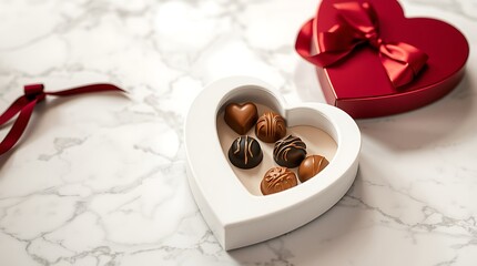 White heart-shaped box of assorted gourmet chocolate truffles on a white marble surface for Valentine's Day gift Valentine day