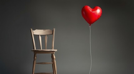 Single red heart-shaped balloon floating next to an empty wooden chair against a dark grey background, concept of loneliness or waiting for love Valentine day