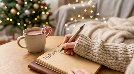 Cozy winter planning. Writing 2026 goals in a craft notebook near Christmas tree
