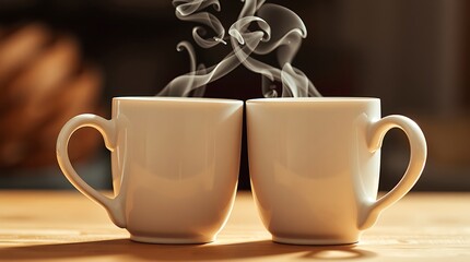 Two white ceramic mugs with steam rising in the morning light on a wooden table, cozy morning for a couple Valentine day