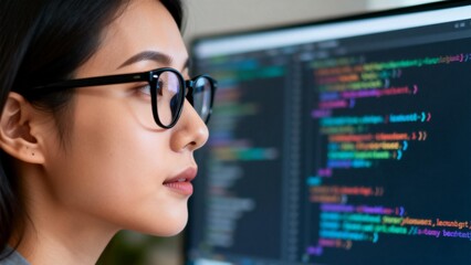 Woman coding on computer screen