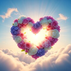 Vibrant floral heart structure floats amidst bright sunny clouds in the sky