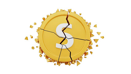 Cracked Golden Coin with Dollar Sign Falling Apart