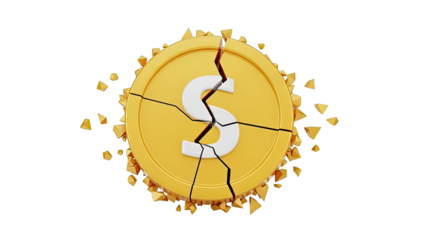 Cracked Golden Coin with Dollar Sign Falling Apart