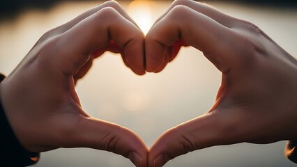 Close Up of Hands Making Heart Shape Against Sunset Light Background, Symbol of Love, Compassion, and Unity Valentine day