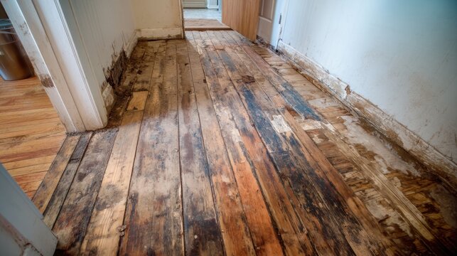 Damaged Wooden Floor in House with Water Damage Showing Rot and Decay in Hallway Area