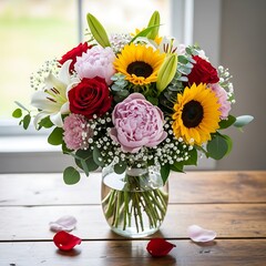 Vibrant mixed floral arrangement featuring sunflowers, roses, and peonies displayed in a clear glass vase