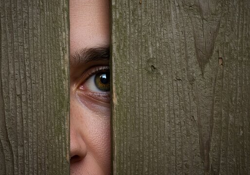 A large, curious eye peeking through a wooden fence gap, illustrating intrusive curiosity and the desire to uncover secrets or private affairs ,discovery ,gap ,opening