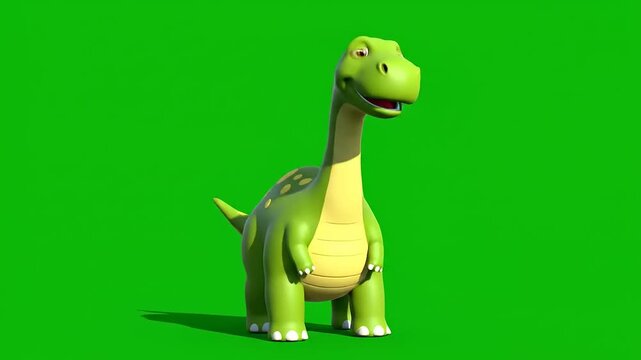 Friendly Green 3D Cartoon Dinosaur Character Standing Isolated on Green Screen